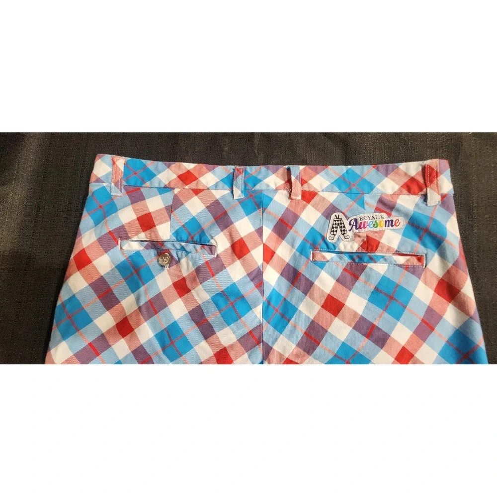Royal & Awesome Golf Shorts Mens 36 Red Blue Plaid Cotton‎ Stretch Classic Fit